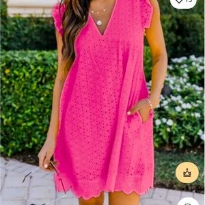 Viral hot pink eyelet fabric romper/dress with pockets size small. Never worn!